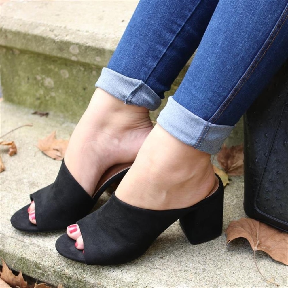 Heeled Peep Toe Mules- Black